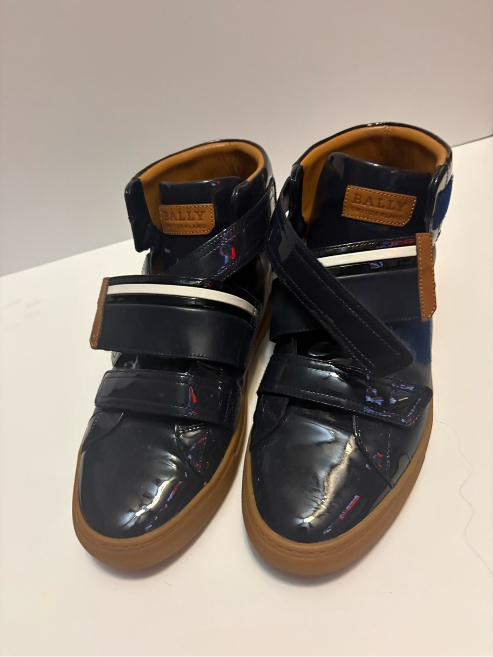 Bally Men’s Navy Patent High-Top Sneakers with Tan Accents